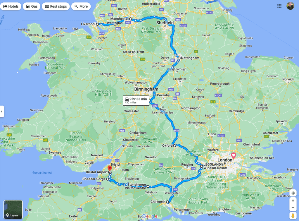 A map of the route we took around England. 